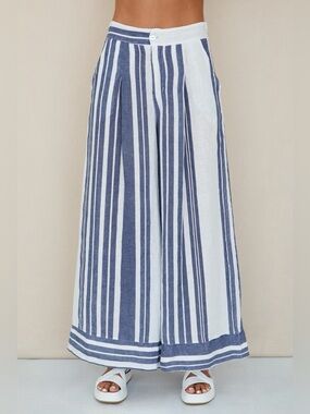 (154018-1-STRIPE-W/N)  STRIPE LINEN WIDE LEG PLAZZO PANTS